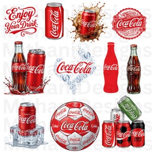 Pode incluir: Uma coleção de gráficos com o tema Coca-Cola, incluindo latas de refrigerante vermelhas, garrafas de vidro, uma bola de futebol com o logótipo da Coca-Cola e vários emblemas da marca. Inclui salpicos de líquido, cubos de gelo e o texto Enjoy Your Drink.