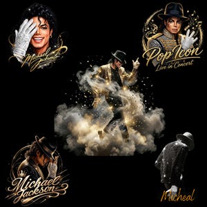 Peut inclure: Une collection de cinq illustrations numériques représentant Michael Jackson dans diverses poses, portant un fedora noir, une veste à paillettes et un gant blanc. Les motifs incluent du texte doré en script Michael Jackson, Pop Icon et Live in Concert.