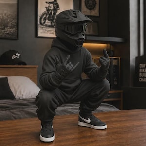 Op de afbeelding: Een persoon draagt een zwarte motorcrosshelm met een bril, een zwarte hoodie, een zwarte joggingbroek en zwarte sneakers met witte swooshes. De persoon hurkt en maakt handgebaren. De tekst DIRT BIKES BUILD CHARACTER is zichtbaar.