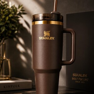 Puede incluir: Un vaso Stanley marr&oacute;n con asa y pajita. El vaso tiene un borde dorado y el logotipo de Stanley en dorado. El vaso est&aacute; sobre una superficie oscura. El texto "STANLEY. BUILT FOR LIFE SINCE 1913" es visible en una caja en el fondo.