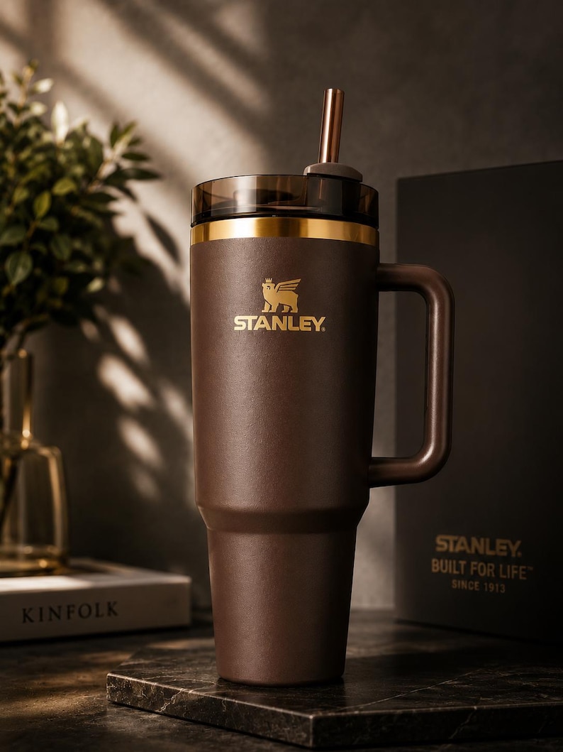 Puede incluir: Un vaso Stanley marr&oacute;n con asa y pajita. El vaso tiene un borde dorado y el logotipo de Stanley en dorado. El vaso est&aacute; sobre una superficie oscura. El texto "STANLEY. BUILT FOR LIFE SINCE 1913" es visible en una caja en el fondo.