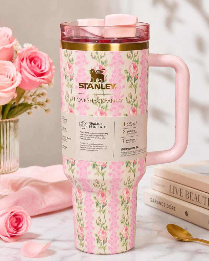 May include: A floral-patterned Stanley tumbler with a pink handle and lid. The tumbler features a cream background with pink roses and green leaves. The text "STANLEY LOVESHACKFANCY" is visible on the tumbler. The tumbler is designed to keep drinks cold for 2 days.