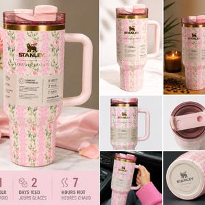 May include: A pink and floral Stanley Loveshackfancy insulated tumbler with a handle. The tumbler has a pink lid and handle, and a floral pattern. The tumbler keeps drinks cold for 11 hours, iced for 2 days, and hot for 7 hours.