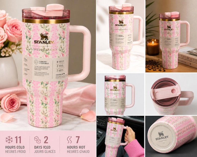 May include: A pink and floral Stanley Loveshackfancy insulated tumbler with a handle. The tumbler has a pink lid and handle, and a floral pattern. The tumbler keeps drinks cold for 11 hours, iced for 2 days, and hot for 7 hours.