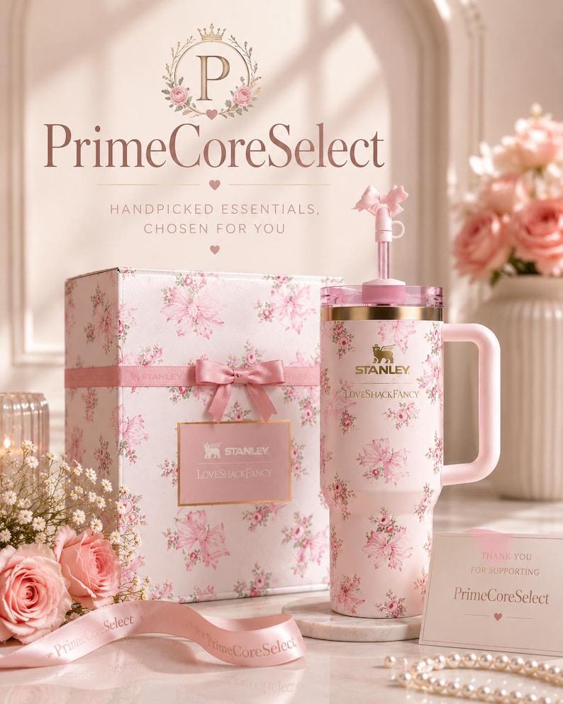 May include: A pink floral-patterned Stanley tumbler with a handle and straw, presented with a matching gift box and ribbon. The text "PrimeCoreSelect" and "LOVESHACKFANCY" are visible. A card reads "Thank you for supporting PrimeCoreSelect."