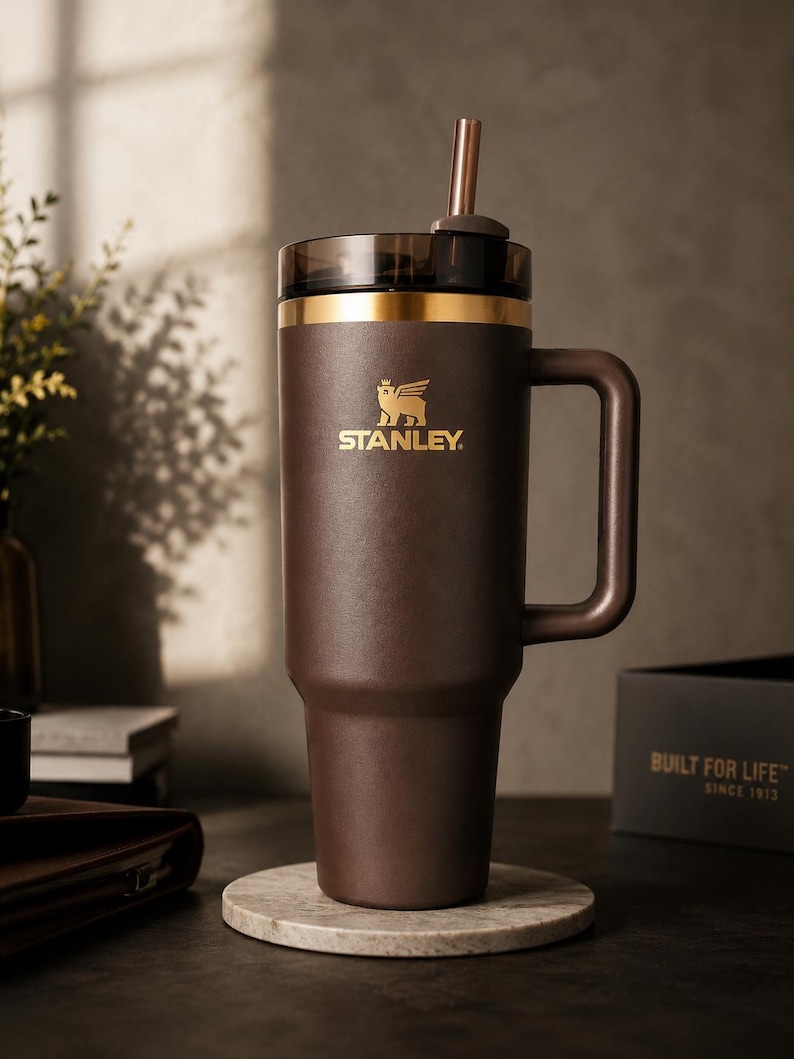 Puede incluir: Un vaso Stanley marr&oacute;n con asa y pajita. El vaso tiene un borde dorado y el logotipo de Stanley en dorado. Se encuentra sobre un posavasos de m&aacute;rmol. Dise&ntilde;ado para mantener las bebidas fr&iacute;as o calientes durante horas.