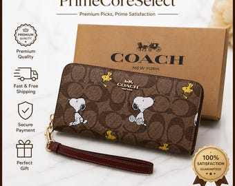 Coach x Peanuts Signature Zip Around Wristlet, Snoopy Woodstock Khaki Wallet