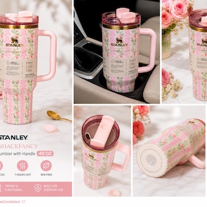 May include: A pink and white floral Stanley Quencher H2.0 tumbler with a handle. The 40 oz tumbler features a pink lid and handle, with a floral design. It keeps drinks cold for 11 hours and iced for 2 days.