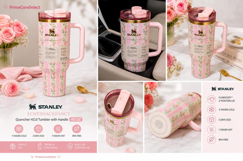 May include: A pink and white floral Stanley Quencher H2.0 tumbler with a handle. The 40 oz tumbler features a pink lid and handle, with a floral design. It keeps drinks cold for 11 hours and iced for 2 days.