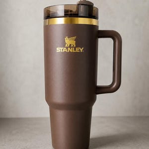 Puede incluir: Un termo de viaje Stanley marr&oacute;n con asa, pajita y borde dorado. El logotipo de Stanley est&aacute; impreso en dorado en la parte delantera del termo. El termo est&aacute; dise&ntilde;ado para mantener las bebidas calientes o fr&iacute;as.