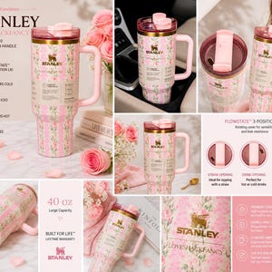 May include: A pink Stanley Quencher H2.0 tumbler with a floral design and a handle. The 40 oz tumbler has a pink lid and handle, and features the Stanley and Loveshackfancy logos. It has a Flowstate 3-position lid.