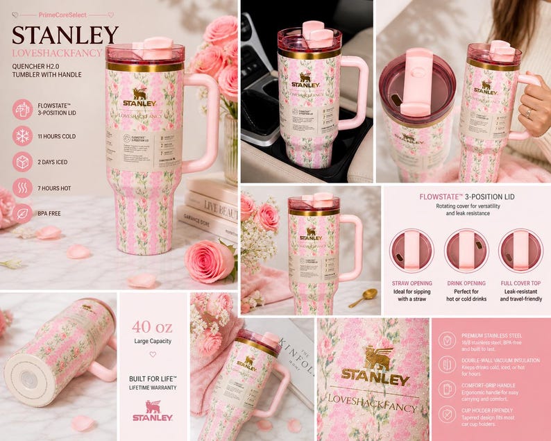 May include: A pink Stanley Quencher H2.0 tumbler with a floral design and a handle. The 40 oz tumbler has a pink lid and handle, and features the Stanley and Loveshackfancy logos. It has a Flowstate 3-position lid.