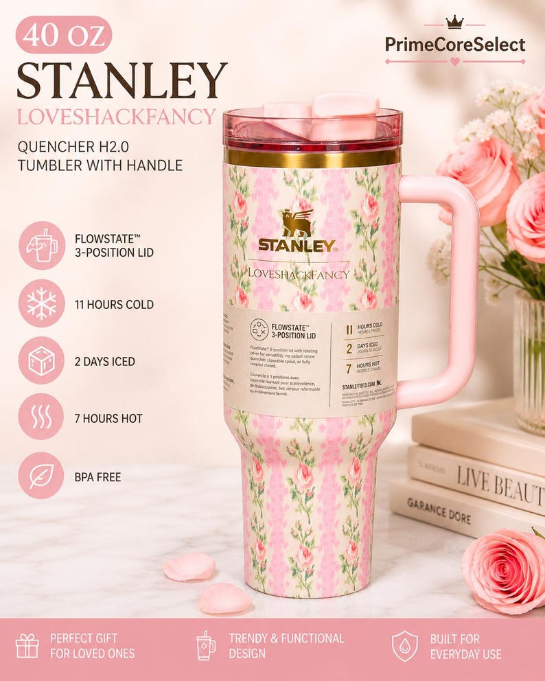 May include: A 40 oz Stanley Loveshackfancy Quencher H2.0 tumbler with handle. The pink and white floral patterned tumbler features a Flowstate 3-position lid and keeps drinks cold for 11 hours and iced for 2 days. The tumbler is BPA free.