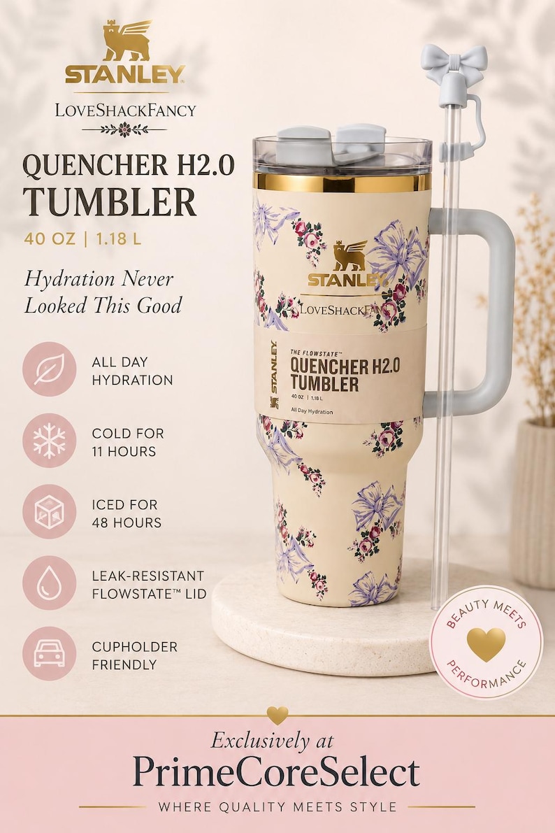 Pu&ograve; includere: Un bicchiere Stanley Quencher H2.0 color crema con un design floreale. La tazza isolata da 1,18 L &egrave; dotata di manico, cannuccia e coperchio a prova di perdite. Mantiene le bevande fredde per 11 ore e ghiacciate per 48 ore.