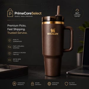 Puede incluir: Un termo de viaje Stanley marr&oacute;n con asa, detalles dorados y pajita. El termo tiene el logotipo de Stanley y el texto "PrimeCoreSelect" y "Premium Picks. Fast Shipping. Trusted Service."