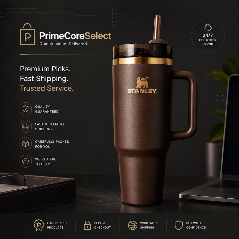 Puede incluir: Un termo de viaje Stanley marr&oacute;n con asa, detalles dorados y pajita. El termo tiene el logotipo de Stanley y el texto "PrimeCoreSelect" y "Premium Picks. Fast Shipping. Trusted Service."