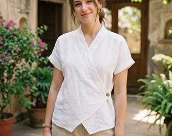 Minimalist Linen Wrap Top • Women’s Crossover Blouse • Aesthetic Summer Linen Clothing • Gift for Her • Ethical Handmade Fashion Shirt