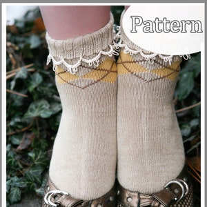 May include: A pair of beige socks with a yellow and brown diamond pattern and white lace trim. The socks are worn with brown shoes with a mesh and snakeskin pattern.