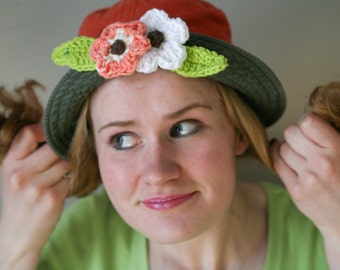 Hat - Orange and Green- Sun Hat - W/ Crocheted Flowers