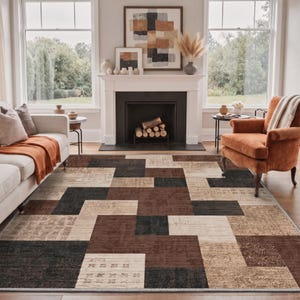 Brown Geometric Area Rug, Neutral Color Block Rug, Modern Rustic Living Room Carpet, Distressed Patchwork Floor Decor