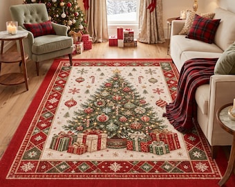 Vintage Framed Christmas Tree Area Rug Runner Rug, Washable Low Pile Rug, Festive Holiday Decor for Living Room Entryway