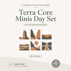 Pode incluir: Uma coleção digital de 6 padrões de ponto cruz intitulada Terra Core Minis Day Set, incluindo 3 edições de cores. O gráfico exibe seis designs de paisagens quadrados em tons de terracota, cinza escuro e branco, com um rótulo PDF bundle.