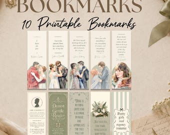 Bridgerton Inspired Bookmark Bundle | Sage Green Regency Era Bookmark | Romantic Quotes Character Art | Book Lover Gift (Digital Download)