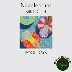 Puede incluir: Un gráfico de punto de aguja titulado Pool Days con una imagen pixelada de figuras sobre flotadores en agua azul. El diseño incluye elementos en rosa, naranja, verde y morado. Se muestra un distintivo de descarga digital en la esquina.