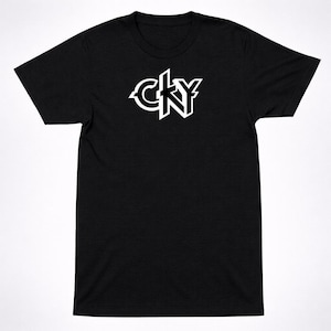 May include: Black crew neck t-shirt with the white text "CKY" in a stylized font. The letters are outlined with a 3D effect. The shirt is made of a soft material and is suitable for casual wear.