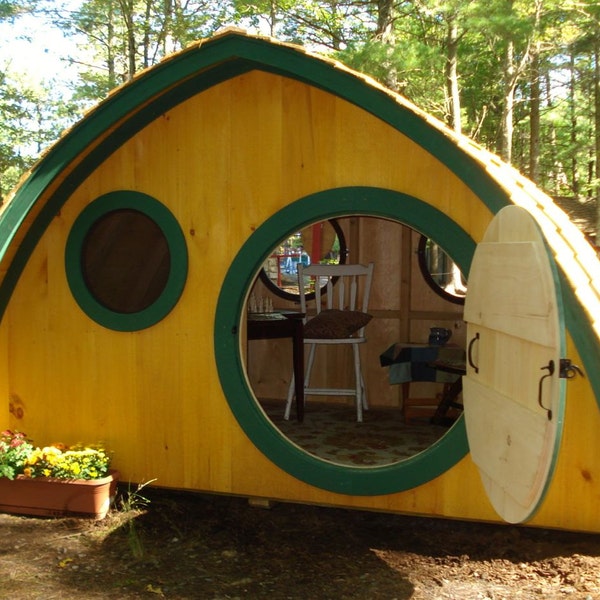 Large Hobbit Hole Playhouse Kit: outdoor wooden kids clubhouse with round front door and windows, made to order