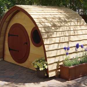 Hobbit Hole Playhouse Kit, Free Shipping: outdoor wooden kids playhouse with round front door and round windows image 5