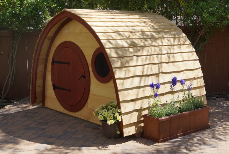 Hobbit Hole Playhouse Kit, Free Shipping: outdoor wooden kids playhouse with round front door and round windows image 5