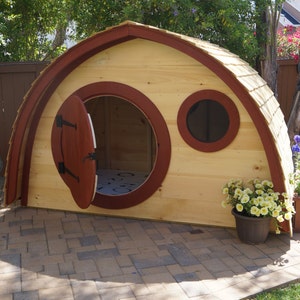 Hobbit Hole Playhouse Kit, Free Shipping: outdoor wooden kids playhouse with round front door and round windows image 1