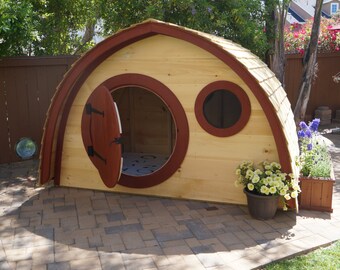 Hobbit Hole Playhouse Kit, Free Shipping: outdoor wooden kids playhouse with round front door and round windows