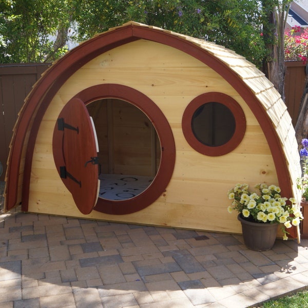 Hobbit Hole Playhouse Kit, Free Shipping: outdoor wooden kids playhouse with round front door and round windows