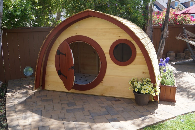 Hobbit Hole Playhouse Kit, Free Shipping: outdoor wooden kids playhouse with round front door and round windows image 1