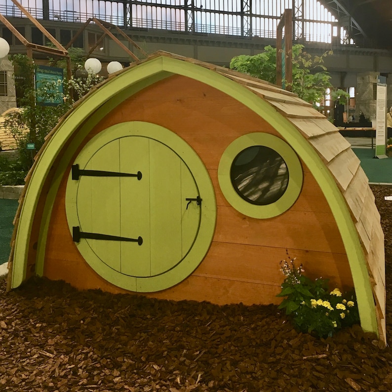 Hobbit Hole Playhouse Kit, Free Shipping: outdoor wooden kids playhouse with round front door and round windows image 6
