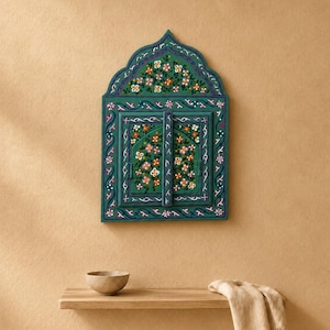 Petit miroir mural vert avec portes, miroir d'entrée fait main, miroir décoratif en bois, cadeau de pendaison de crémaillère pour la décoration de salle de bain