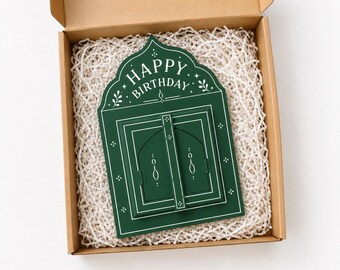 Espelho de aniversário em caixa de presente, espelho de parede verde "Feliz Aniversário" com portas, presente artesanal para ela.
