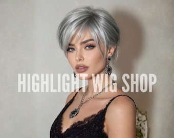 Silber Grau Pixie Perücke Kurzes Elegantes Reifes Glam Haar
