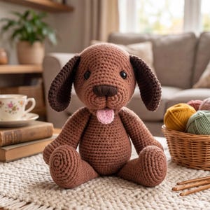 May include: A brown crocheted dog stuffed animal with dark brown ears, a dark brown nose, and a small pink tongue sticking out. The toy has a round head, a plump body, and is seated in a forward-facing position with its limbs extended outward.