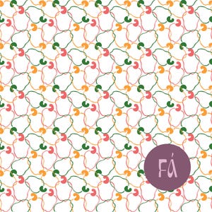 May include: A repeating pattern on a white background featuring outlined bell pepper shapes in pink, orange, and dark green, interspersed with small cashew-like shapes in the same colors. A purple circle with the white text FÁ is in the corner.