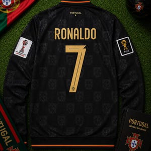 以下が含まれることがあります： 背面にゴールドの文字でRONALDOと背番号7がプリントされた黒の長袖ジャケット。生地にはポルトガルの紋章の同系色パターンがあしらわれています。右袖にはFIFAワールドカップ2026のパッチ、左袖にはFIFAのパッチが付いています。