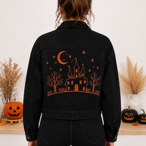 Halloween Embroidered Denim Jacket, Spooky Black Jean Coat, Haunted House Pumpkin Bat Jacket, Fall Gothic Outerwear, Gift for Her