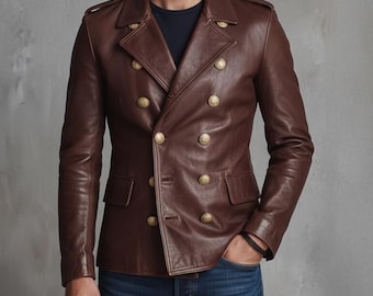 Blazer da uomo in pelle marrone a doppio petto / Cappotto in pelle stile militare vintage / Giacca da motociclista slim fit in pelle per uomo