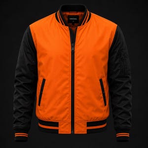 Könnte beinhalten: Eine Bomberjacke mit leuchtend orangefarbenem Rumpf und einfarbig schwarzen Ärmeln. Die Jacke hat einen schwarzen Rippstrickkragen, Bündchen und einen Saum mit orangefarbenen Streifen. Sie verfügt über einen zentralen schwarzen Reißverschluss, zwei Seitentaschen mit schwarzer Einfassung und eine Utility-Tasche am linken Ärmel. Das Innenetikett trägt die Aufschrift ORIGINAL.