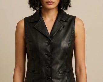 Schwarze Lederweste Frauen Ärmellose Leder Weste Tailliert Moto Weste Knopfleiste Biker Weste Minimalist Leder Top Vintage Style