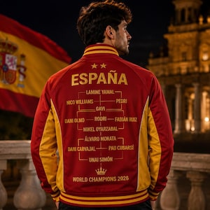Puede incluir: Una chaqueta universitaria roja y amarilla con el texto ESPAÑA y una lista de nombres de jugadores que incluye a Lamine Yamal, Nico Williams, Pedri, Gavi, Dani Olmo, Rodri, Fabián Ruiz, Mikel Oyarzabal, Álvaro Morata, Dani Carvajal, Pau Cubarsí y Unai Simón.
