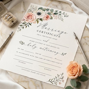 Peut inclure: Un certificat de mariage orné de motifs floraux, avec le mot « Marriage » en écriture cursive. Le document comprend des lignes pour les noms, les dates et les témoins, avec des roses roses et de la verdure.