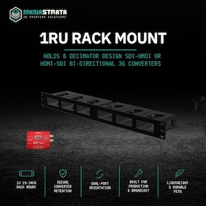 May include: A black 1RU rack mount designed to hold 6 Decimator Design SDI-HDMI or HDMI-SDI bi-directional 3G converters. The unit features a 19-inch width, secure converter retention, and dual-port orientation, constructed from durable PETG.